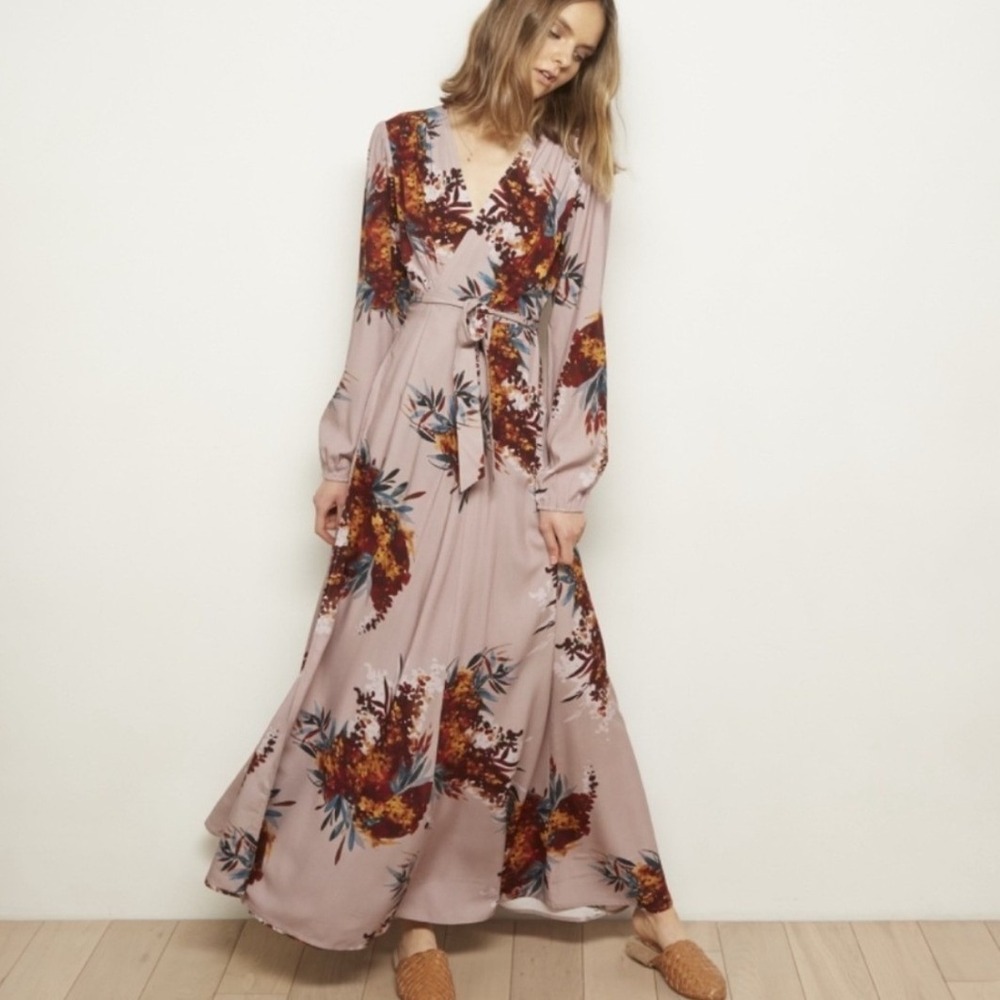The Odells Mauve Pink Floral Wrap Maxi Dress Long Sleeve Sz S‎ EUC